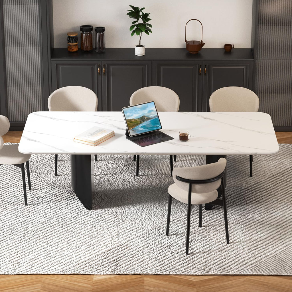 Modern White Dining Table for 6 to 8 People, 70.9" High Hardness Sintered Stone Table for Dining Room and Easy Maintenance - Half-Round Stainless Steel Base(Table Only)