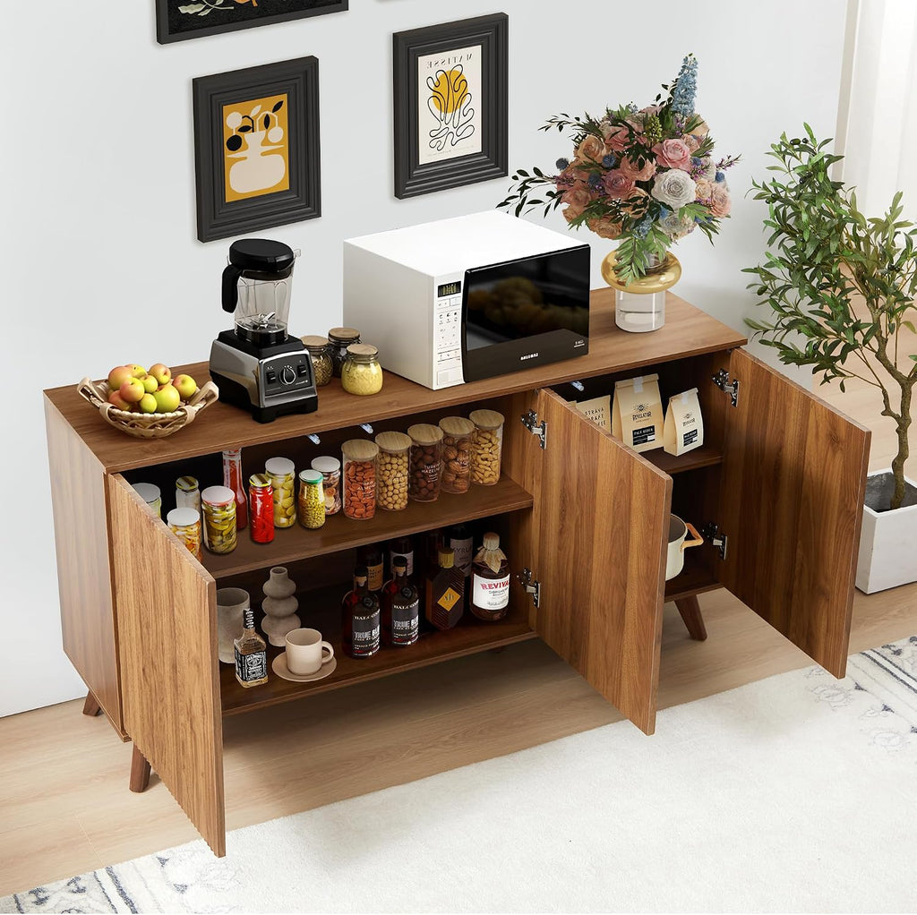 XUZENEST Fluted Sideboard Buffet Cabinet with Storage, Modern Storage Cabinet with 3 Doors, Wood Credenza Buffet Sideboards, Console Table for Kitchen Dining Living Room Entryway (Walnut)