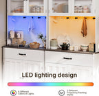 Gizoon 71" H Pantry Cabinet with Strip Light, Drawers | Coffee Bar with Doors, White Kitchen Hutch with Charging Station and Adjustable Shelves, for Dining Room, Table Top-Retro