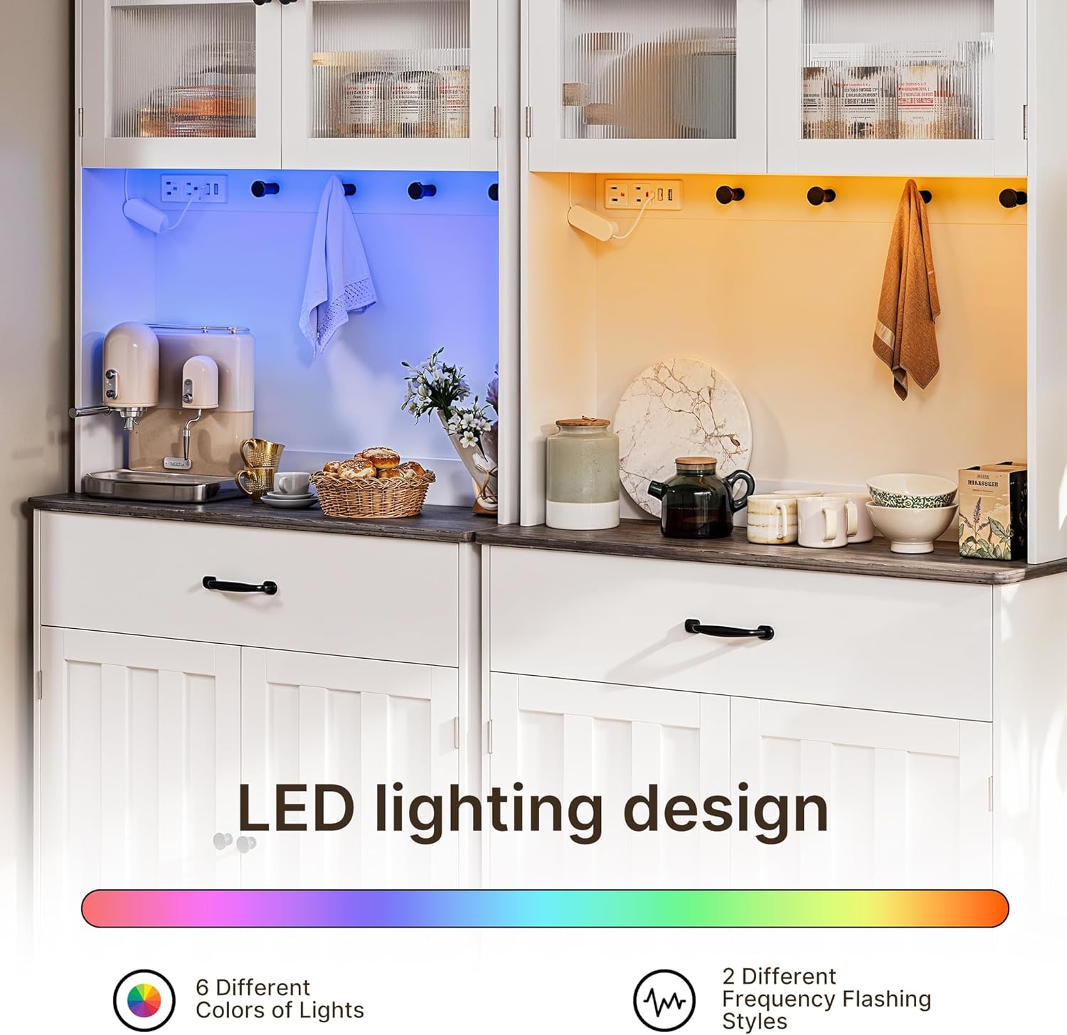 Gizoon 71" H Pantry Cabinet with LED Lights, Tall Farmhouse Kitchen Storage Cabinet with Charging Station, Modern Coffee Bar with Doors and Drawers, for Dining Room, Tabletop-Grey