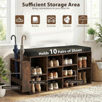 Tangkula Shoe Storage Bench with Umbrella Holder, 40" Shoe Organizer with Cushioned Seat, 10 Cubbies & Adjustable Shelves, Wooden Industrial Shoe Rack for Entryway, Living Room, Bedroom (Rustic Brown)