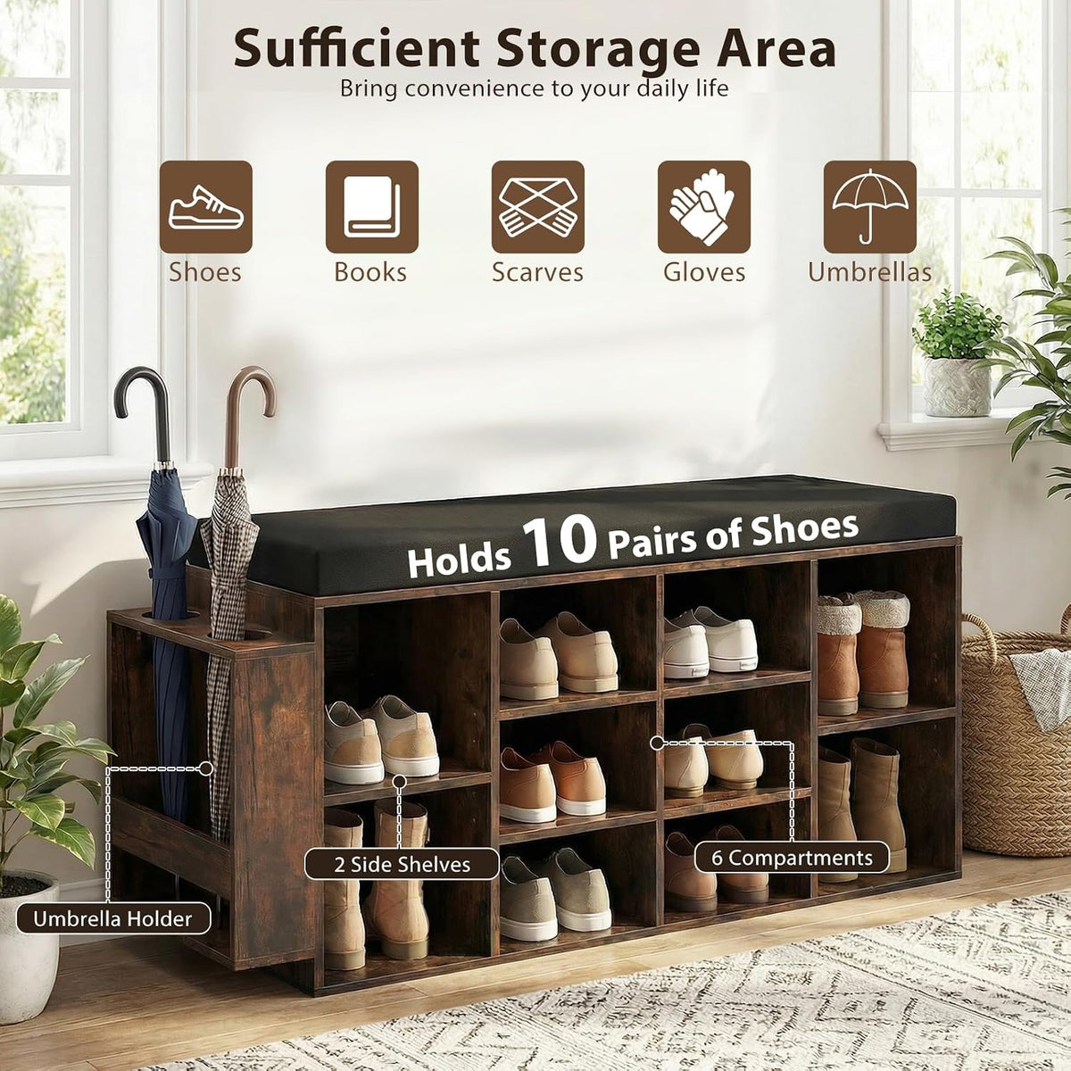 Tangkula Shoe Storage Bench with Umbrella Holder, 40" Shoe Organizer with Cushioned Seat, 10 Cubbies & Adjustable Shelves, Wooden Industrial Shoe Rack for Entryway, Living Room, Bedroom (Rustic Brown)