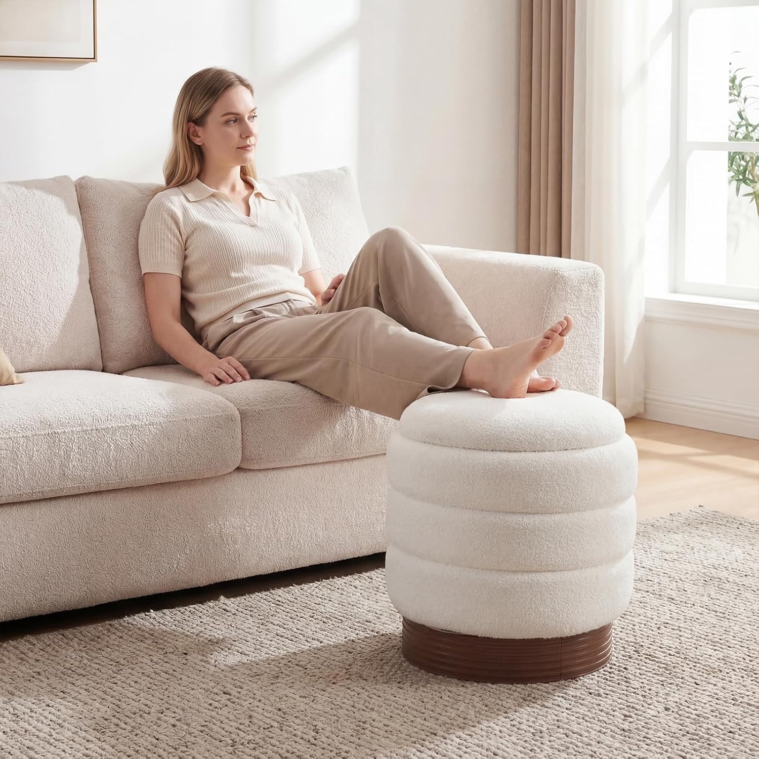 Giantex Round Ottoman with Storage, 360° Swivel Boucle Vanity Stool with Removable Lid, No Assembly Ottoman Foot Rest for Living Room, Bedroom, Makeup Room (White & Brown)