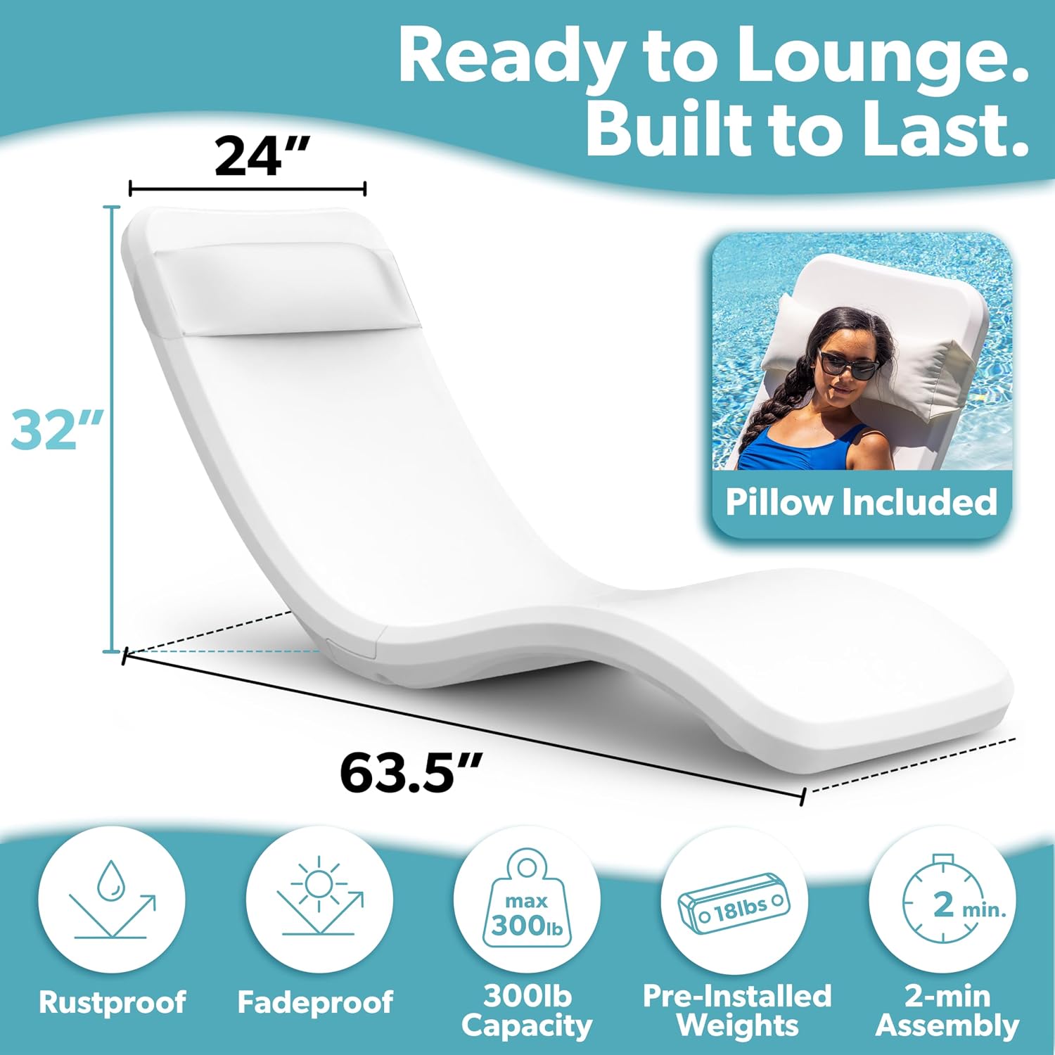 Coast Modern in Pool Lounge Chair - Waterproof & Weighted Chaise Lounger - Outdoor Pool Furniture for Patio or in Baja Shelf