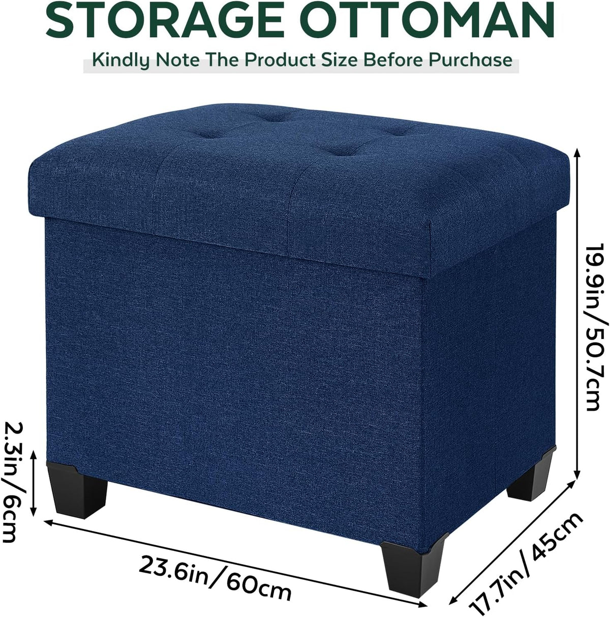 Ottoman with Storage, Rectangular Storage Ottoman, Linen Ottomans with Legs for Living Room Bedroom Dorm, 23.6" D x 17.7" W x 19.9" H, Blue