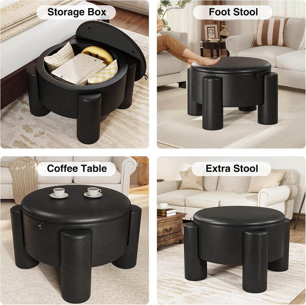 FiveWillowise Round Ottoman Coffee Table with Storage,24" Faux Leather Storage Ottomans with Removable Top,Upholstered Vanity Stool Footrest for Small Spaces,Living Room,Apartment,Black