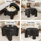 FiveWillowise Round Ottoman Coffee Table with Storage,24" Faux Leather Storage Ottomans with Removable Top,Upholstered Vanity Stool Footrest for Small Spaces,Living Room,Apartment,Black