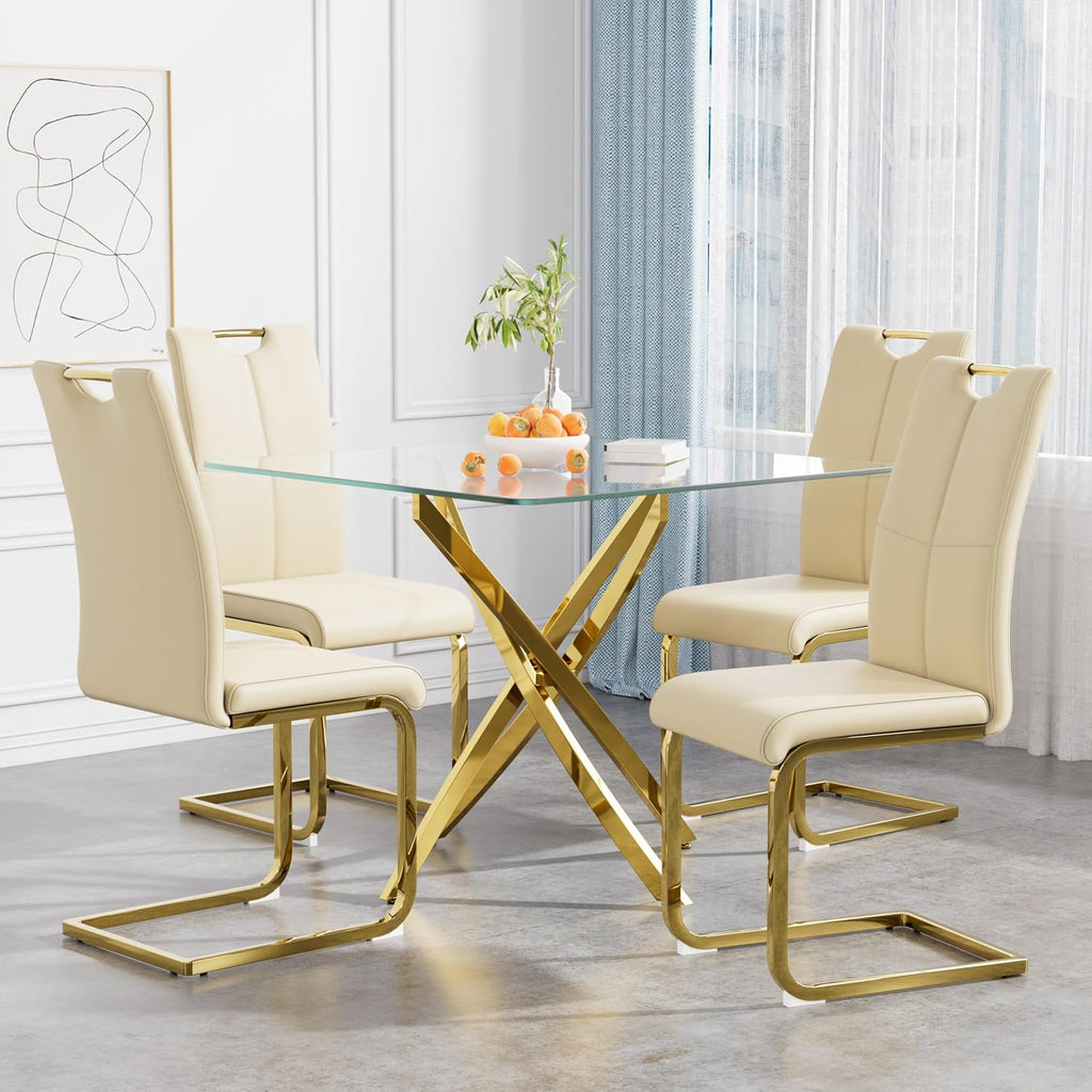 36 Inch Dining Table Set for 4, Modern Square Tempered Glass Top, Gold Finish Stainless Steel Legs Table and PU Leather Chairs for Dining Room, Living Room, Kitchen, Beige with Gold Base