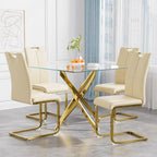 36 Inch Dining Table Set for 4, Modern Square Tempered Glass Top, Gold Finish Stainless Steel Legs Table and PU Leather Chairs for Dining Room, Living Room, Kitchen, Beige with Gold Base