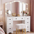 senlin Vintage Vanity with Lighted Mirror & Outlet (White) | Retro dressing table with 5 drawers and glass top. Third-fold lighted mirror for bedroom. Power outlet suitable for women.