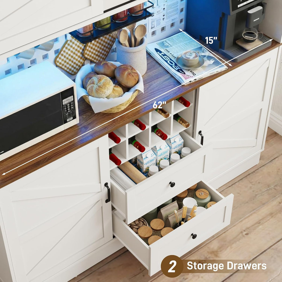 75”Tall 63"W Extra Large Farmhouse Kitchen Storage Pantry Hutch Cabinet w/Power Outlet,Pegboard,Coffee Bar Cabinets,LED Light,Microwave Shelf,Wine Rack,4 Barn Doors,2 Drawers, Dining Room,Black