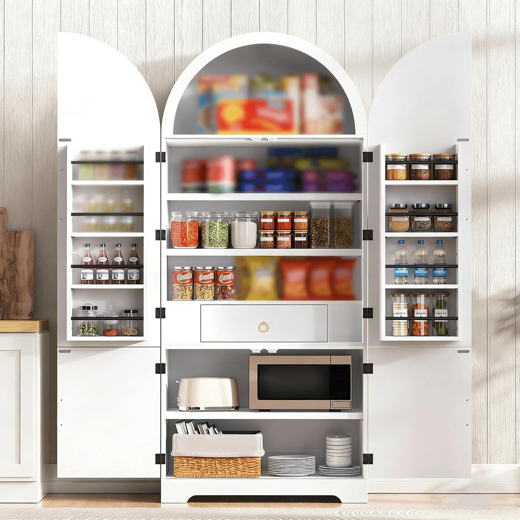 72" Tall Arched Kitchen Pantry Cabinet, Fluted Freestanding Storage Cupboard with 8 Door Shelves, 3 Adjustable Shelves and Hidden Drawer,Cabinet for Kitchen, Dining & Bathroom,White