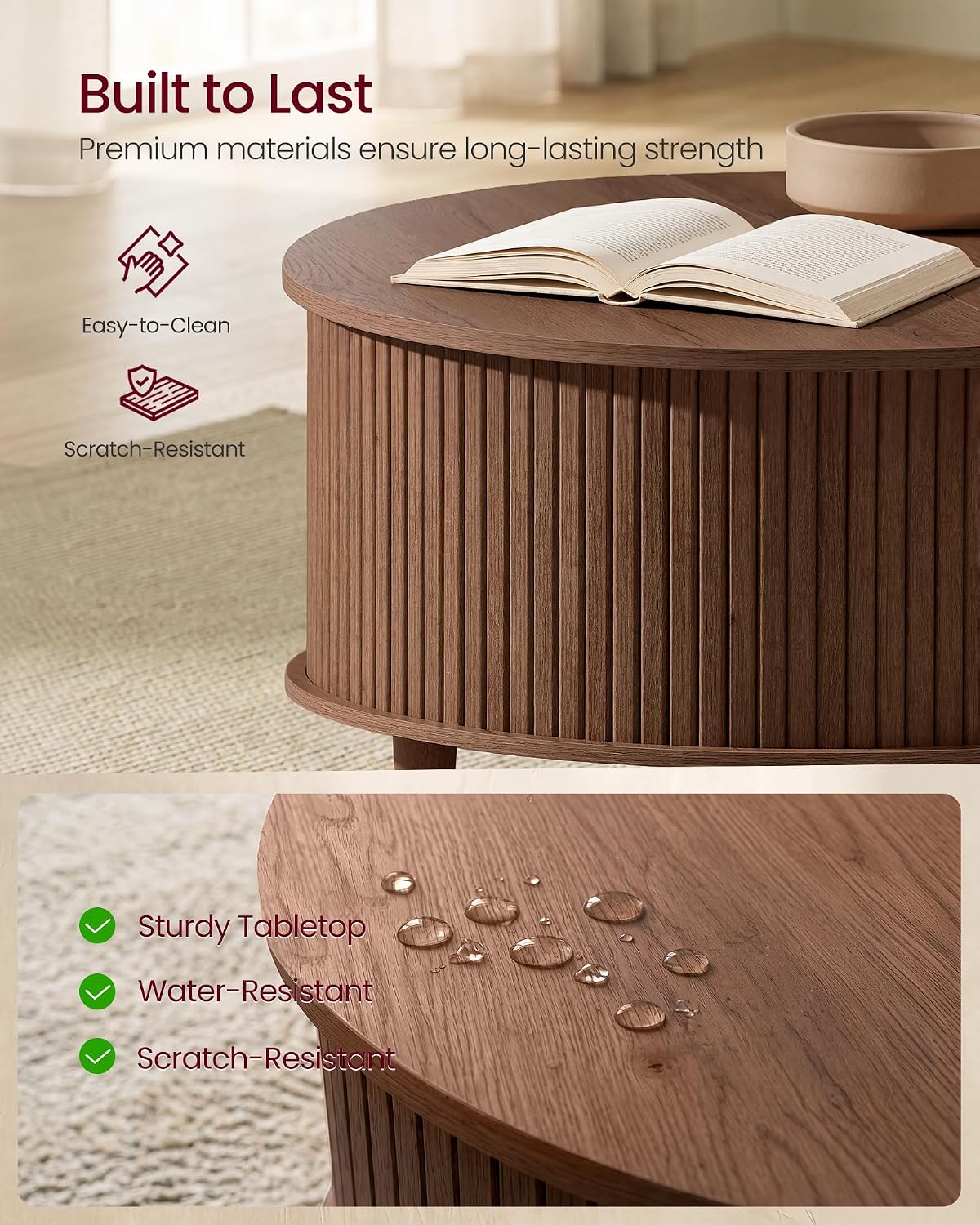 VASAGLE Round Coffee Table, Lift Top Coffee Table with Tambour Sliding Door