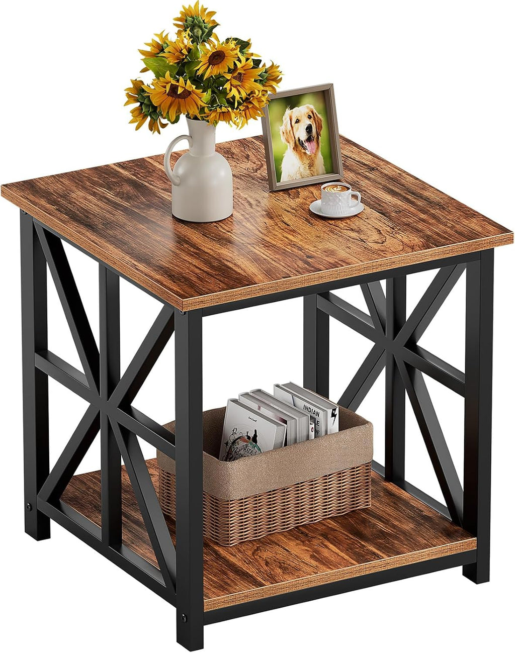 GreenForest Large End Table with X-Shaped Metal Frame for Living Room | Rustic Side Table for Bedroom Office,2-Tier Storage Shelf Nightstand,Scratch-resistant Sofa Table,Walnut,24 inch