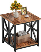 GreenForest Large End Table with X-Shaped Metal Frame for Living Room | Rustic Side Table for Bedroom Office,2-Tier Storage Shelf Nightstand,Scratch-resistant Sofa Table,Walnut,24 inch