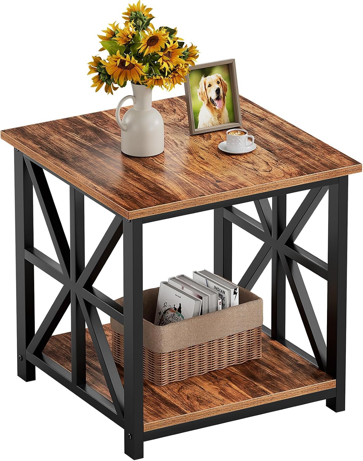 GreenForest Large End Table with X-Shaped Metal Frame for Living Room | Rustic Side Table for Bedroom Office,2-Tier Storage Shelf Nightstand,Scratch-resistant Sofa Table,Walnut,24 inch