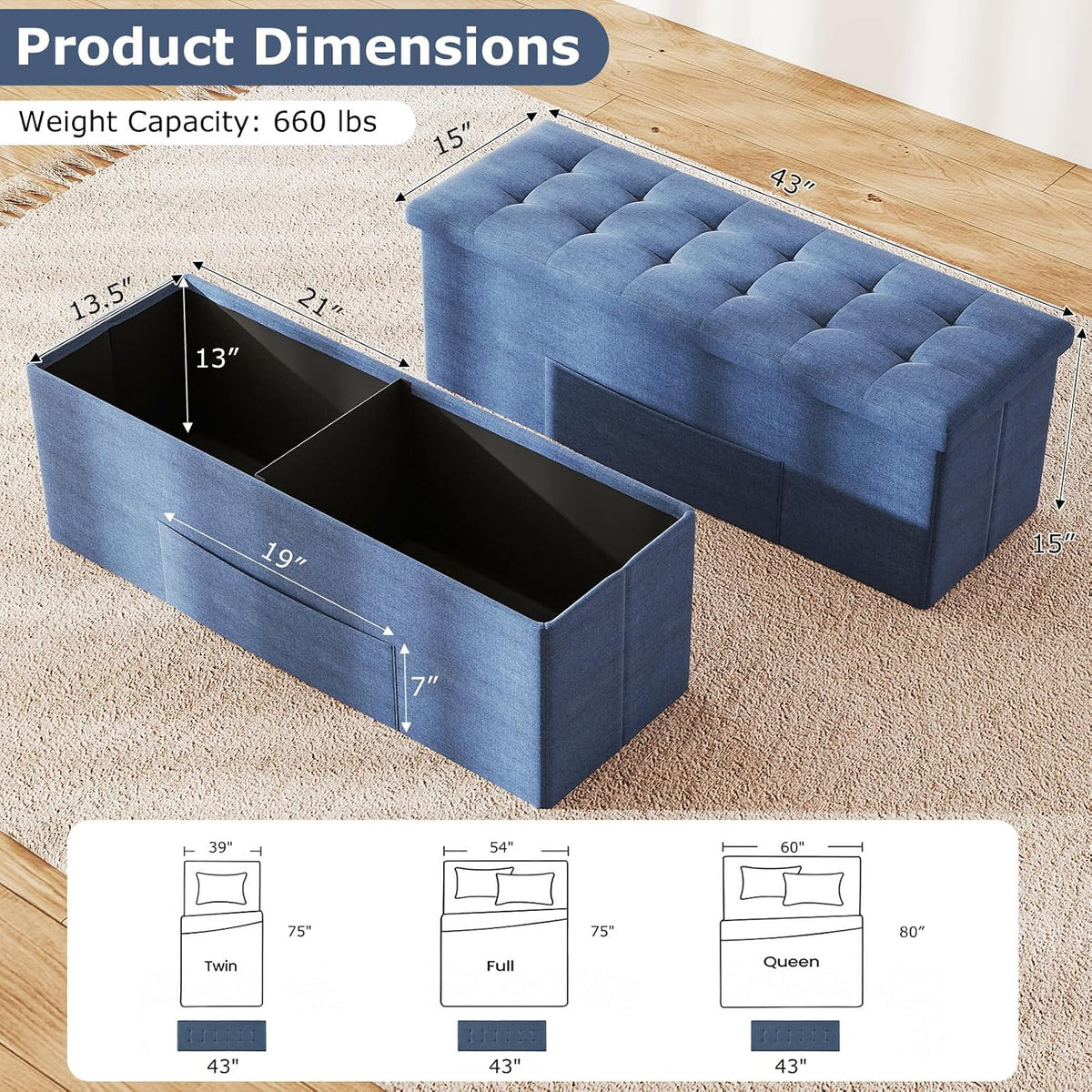 GOFLAME 43 Inches Folding Storage Ottoman Bench, Linen Fabric End of Bed Bench with Padded Seat and Side Pocket, Large Foot Rest Stool, Storage Chest for Entryway, Living Room, Bedroom, Blue