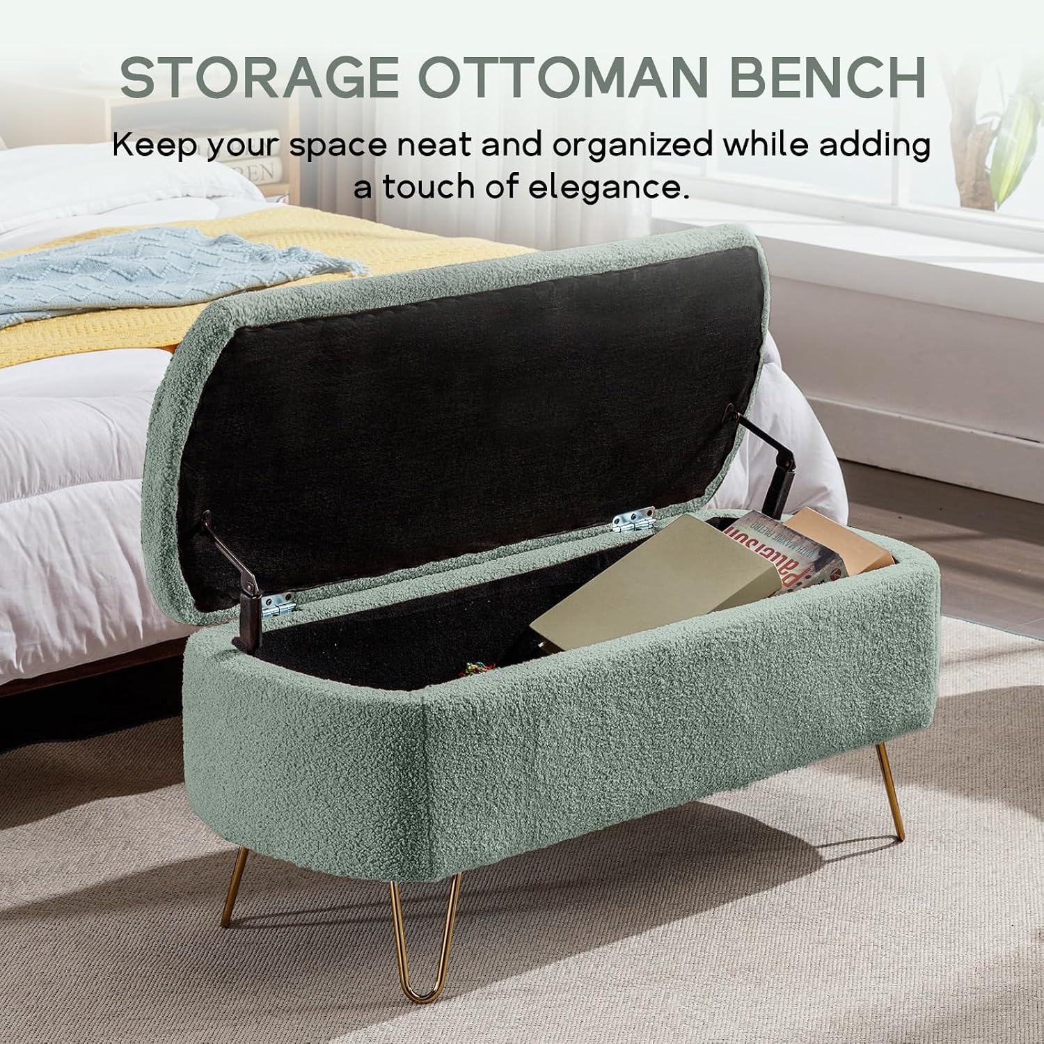 NIOIIKIT Storage Ottoman Bench, Comfy Faux Fur Upholstered Entryway Bench with Metal Legs, Bedroom Bench with Flip Top, Footrest Shoe Bench for Living Room, Bedroom (Olive Green)