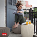 KETER Urban Knit Pouf Ottoman Set of 2 with Storage Table for Patio and Room Décor-Perfect for Balcony, Deck, and Outdoor Seating, Cream & Taupe