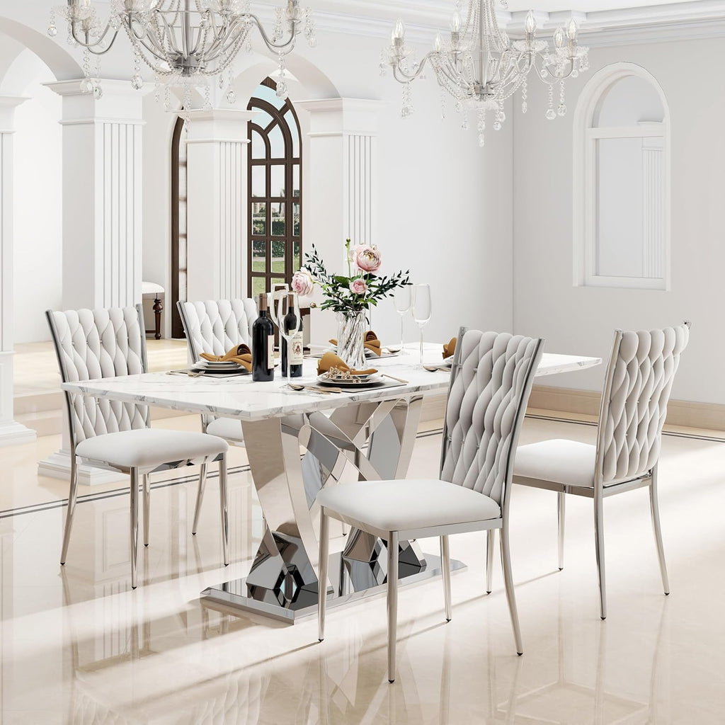 Modern Dining Chairs Set of 4, Light Grey Velvet Woven Kitchen Chair with Silver Metal Legs, Upholstered Cushion & High Back Design, Mid-Century Dining Chairs for Kitchen, Living Room