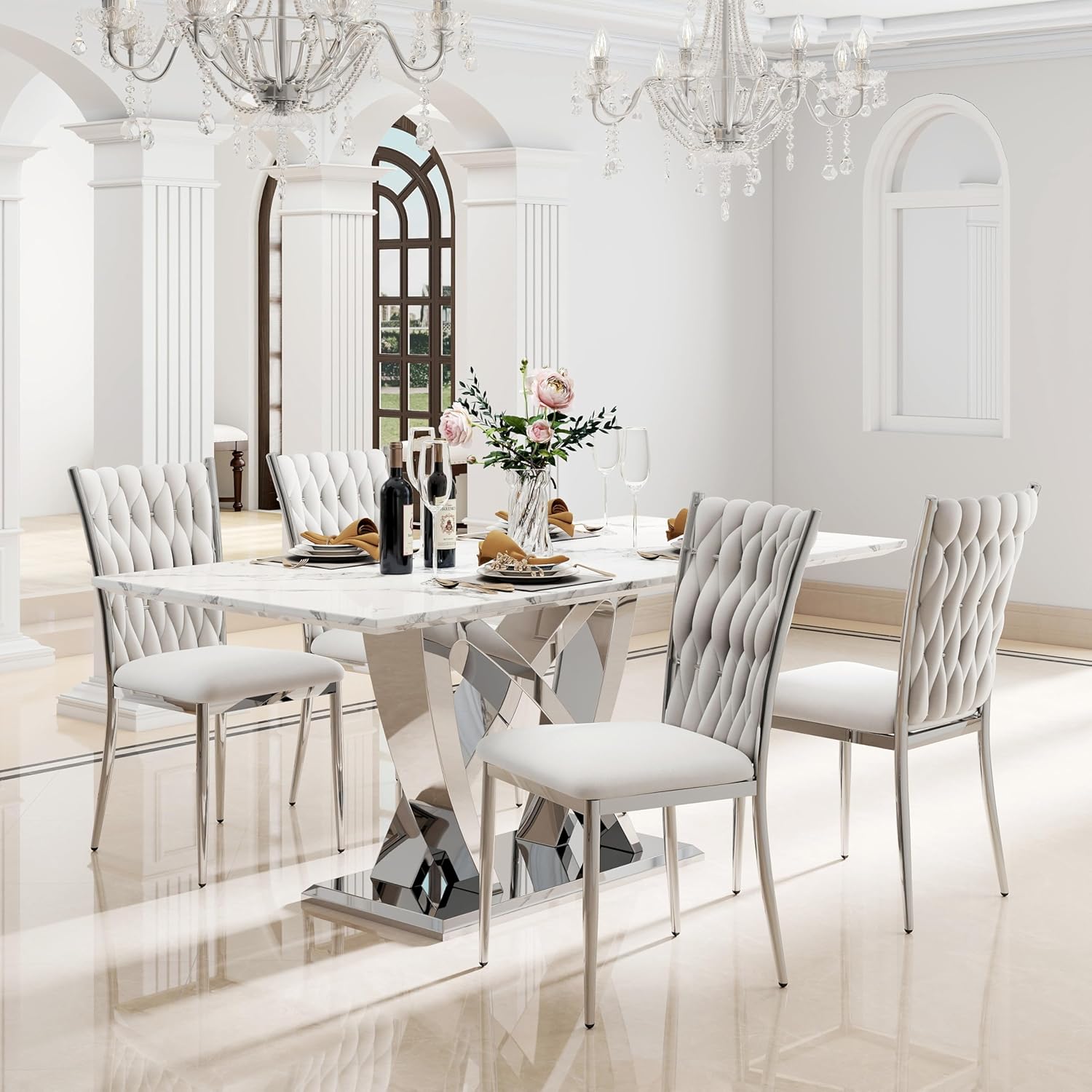 Modern Dining Chairs Set of 4, Light Grey Velvet Woven Kitchen Chair with Silver Metal Legs, Upholstered Cushion & High Back Design, Mid-Century Dining Chairs for Kitchen, Living Room