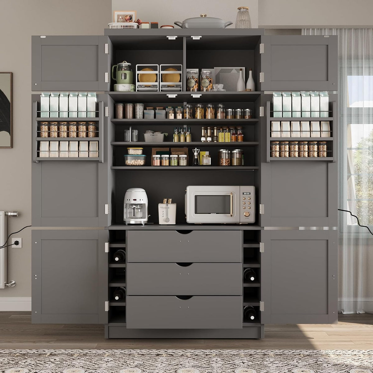 Kitchen Pantry Cabinet, Freestanding Tall Cupboard Storage Cabinet with Power Outlets, Adjustable Shelves and Door Shelves for Living Room, Kitchen (Grey)