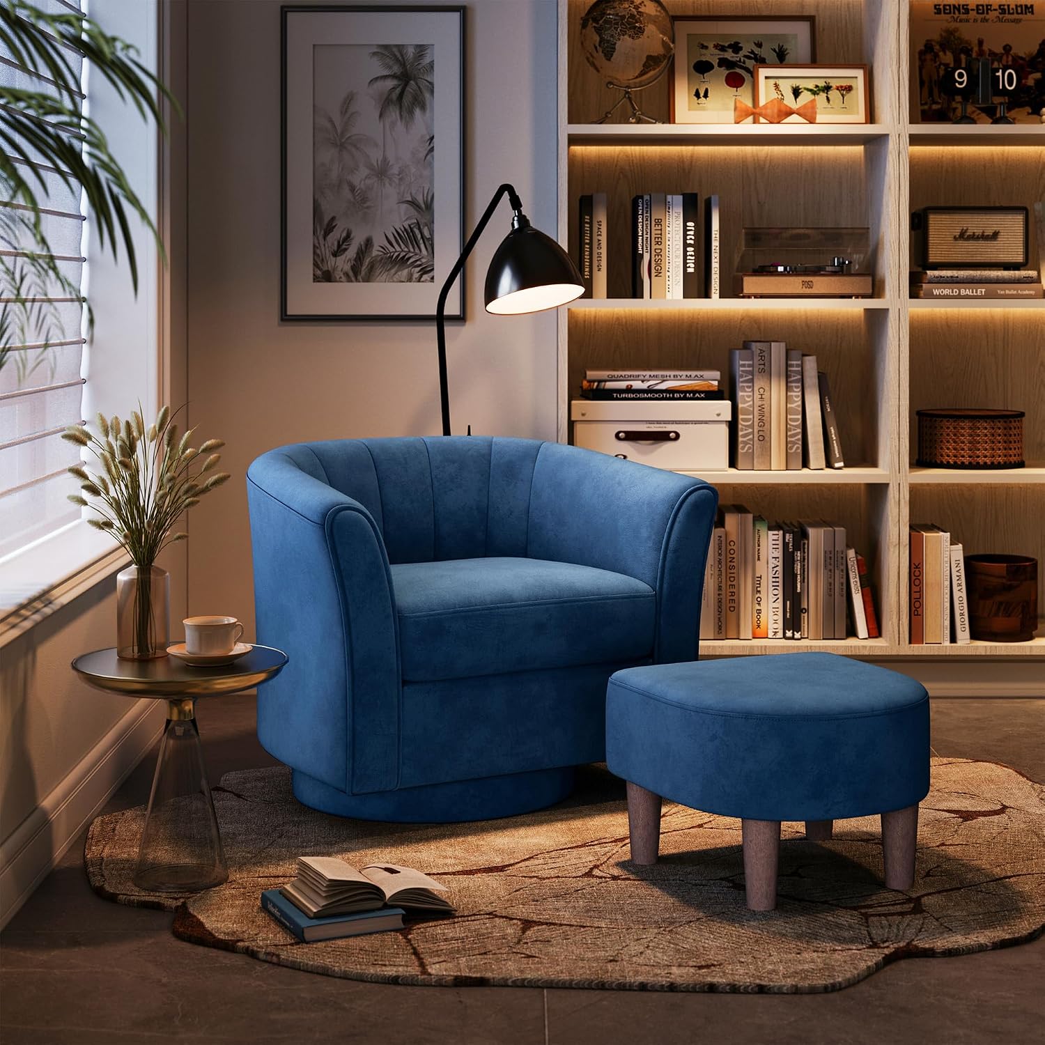 LINSY Large Swivel Accent Chair with Ottoman, Velvet Barrel Chair with Footrest, Modern Upholstered Comfy Reading Chair Armchair for Living Room, Bedroom, Study Room, Office, Blue
