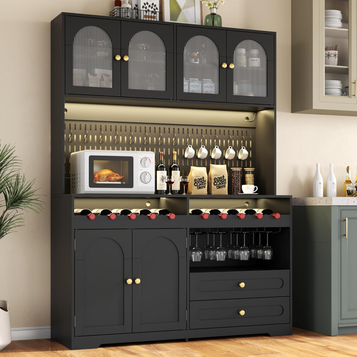 71'' Tall Kitchen Pantry Storage Cabinet, Modern Kitchen Hutches Storage Cabinet with Countertop, LED Black Pantry Cabinet with Wine & Glass Rack, 47'' Extra Wide Pantries with DIY Pegboard & Drawers