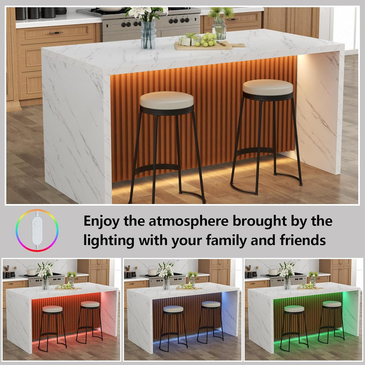 63" Large Imitation Marble Dining Table for 4-6 People,Kitchen Island Table with LED Lights, Mordern Marble Stripes Kitchen Dining Table with Grille design for Dining Room,Living Room (White)