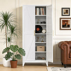 Metal Pantry Cabinet, 75.3-Inch Tall, 5 Adjustable Shelves, White | 75.3"H x 31.5"W x 15.75"D steel cabinet with 5 adjustable shelves, embossed doors, adjustable feet, and required assembly.