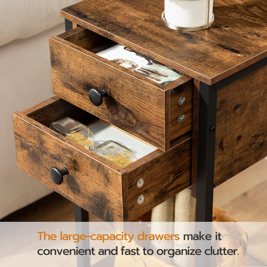 HOOBRO Tall Nightstand, End Table with 2 Drawers and Storage Shelf, Industrial Telephone Side Table for Study, Bedroom, Space Saving, Easy Assembly, Rustic Brown and Black BF72BZ01
