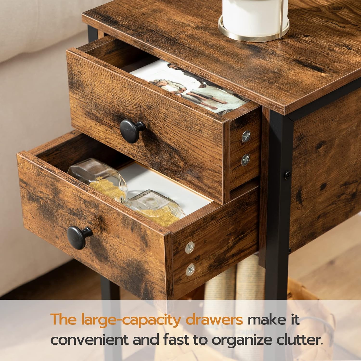 HOOBRO Tall Nightstand, End Table with 2 Drawers and Storage Shelf, Industrial Telephone Side Table for Study, Bedroom, Space Saving, Easy Assembly, Rustic Brown and Black BF72BZ01