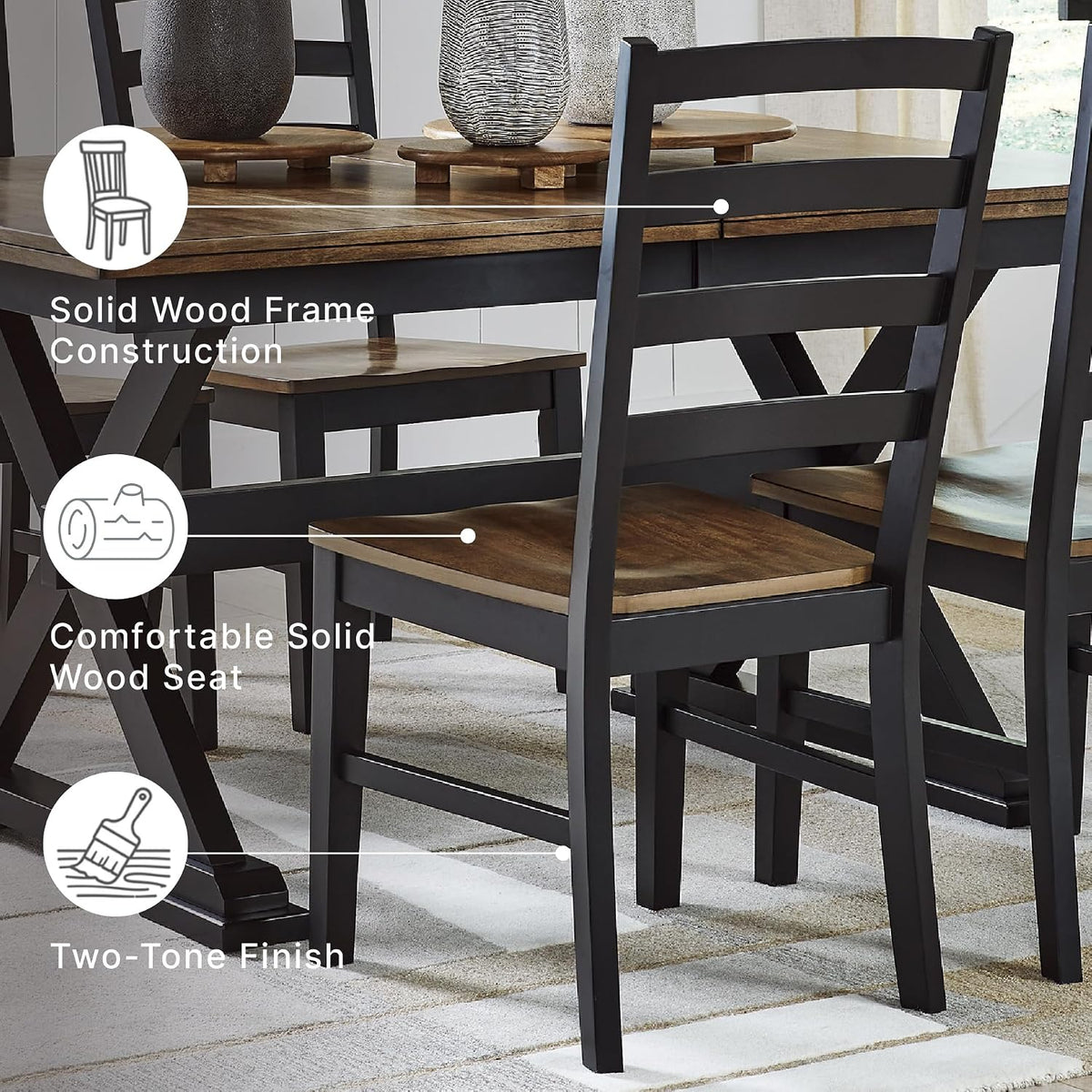 Signature Design by Ashley Wildenauer Dining Chairs Set of 2, Modern Ladderback Dining Chairs with Solid Wood Frame, Two-Tone Finish, Contoured Seat, Black/Brown | Solid wood frame, Mango veneer and MDF substrate seat, Modern ladderback, 250 lb capacity