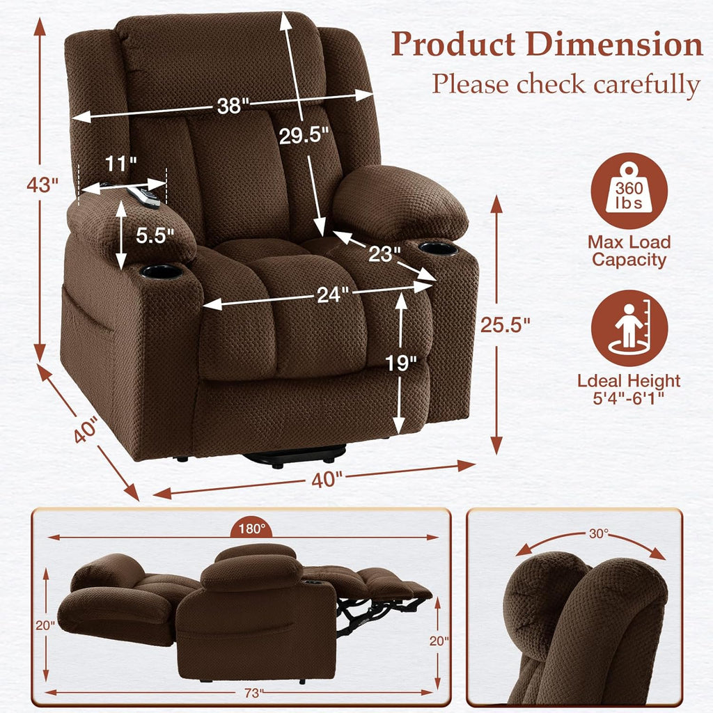 3 Motor Large-Wide Lift Chair, Infinite Position, 180° Lay Flat, Power Lift Chairs Recliners for Elderly Big and Tall, Massage & Heat, Extended Footrest (Deep Brown, Large Wide)