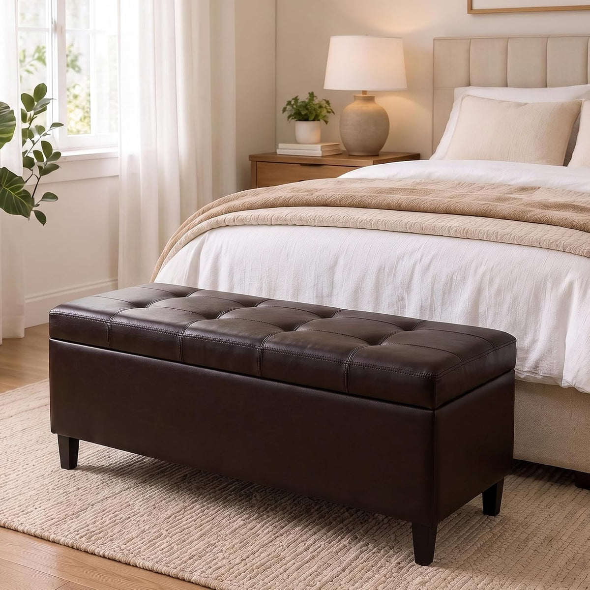 50.5 Inch Storage Ottoman Bench, Faux Leather Tufted Upholstered Bedroom Bench with Safety Hinges, Supports 300 lbs, Large Storage Bench for Living Room, Entryway (Brown)