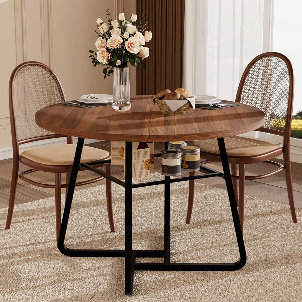 Round Dining Table for 4 People, 43.3 Inches Dining Room Table with Metal Base, Walnut Brown Dinner Tables with Open Storage, Circle Kitchen Tables for Dining Room(Table Only) (Walnut Brown)