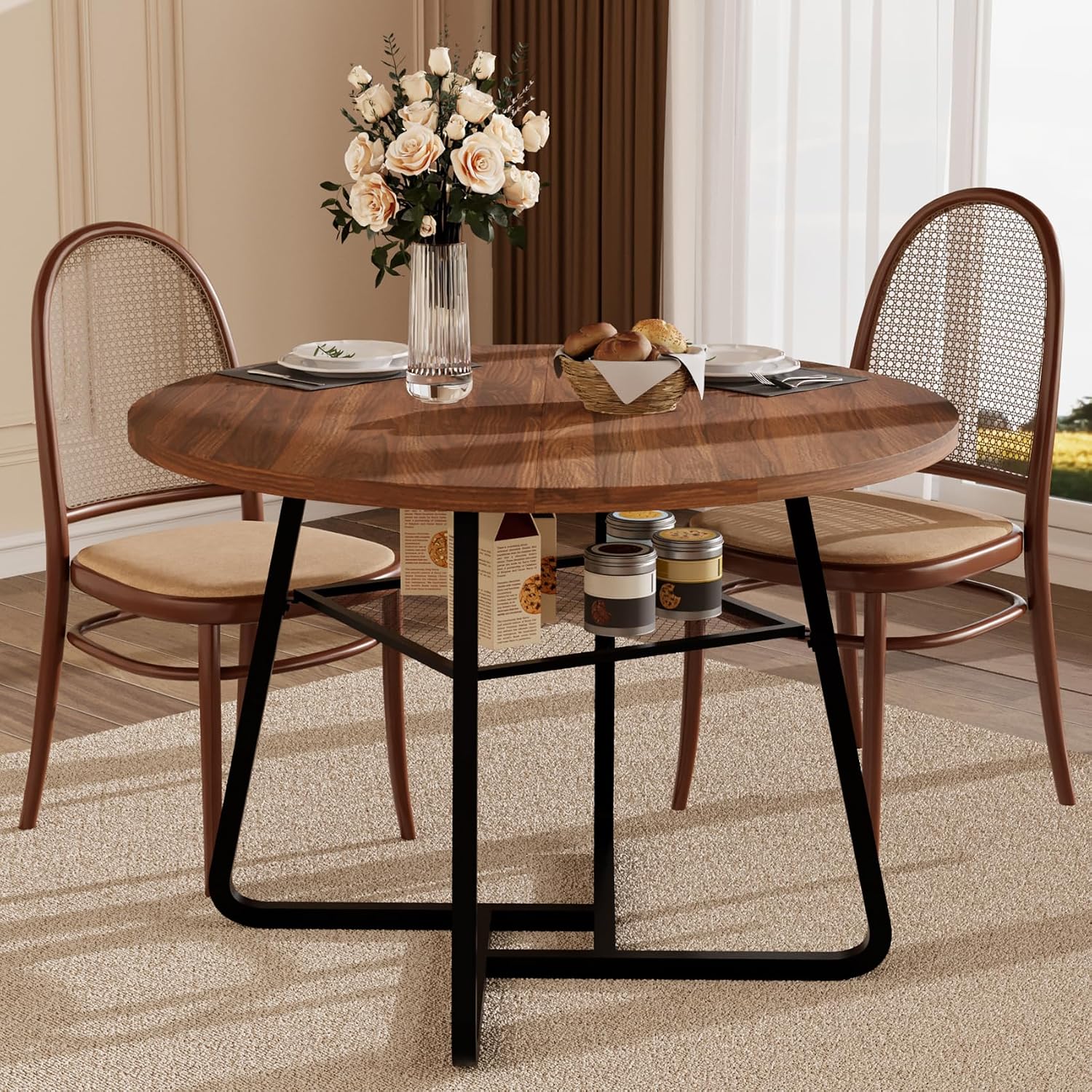 Round Dining Table for 4 People, 43.3 Inches Dining Room Table with Metal Base, Walnut Brown Dinner Tables with Open Storage, Circle Kitchen Tables for Dining Room(Table Only) (Walnut Brown)