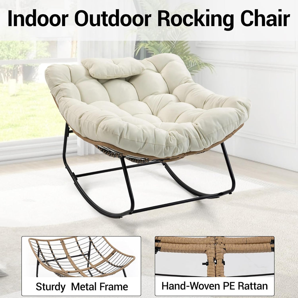 Outdoor Rocking Chair, Oversized Papasan Rocker w/Thick Cushion & Pillow, Indoor Wicker Egg Chairs for Patio Porch Balcony Deck Garden Poolside, Beige
