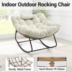 Outdoor Rocking Chair, Oversized Papasan Rocker w/Thick Cushion & Pillow, Indoor Wicker Egg Chairs for Patio Porch Balcony Deck Garden Poolside, Beige