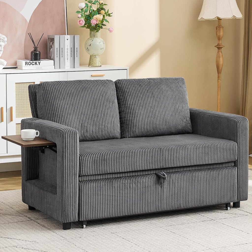3 in 1 Convertible Sofa Bed, Pull Out Couch with Dual USB and Type C Ports, Chenille Fabric Loveseat Sleeper Sofa Bed, Sofa Bed with Foldable Side Table for Living Room Home Office Apartment