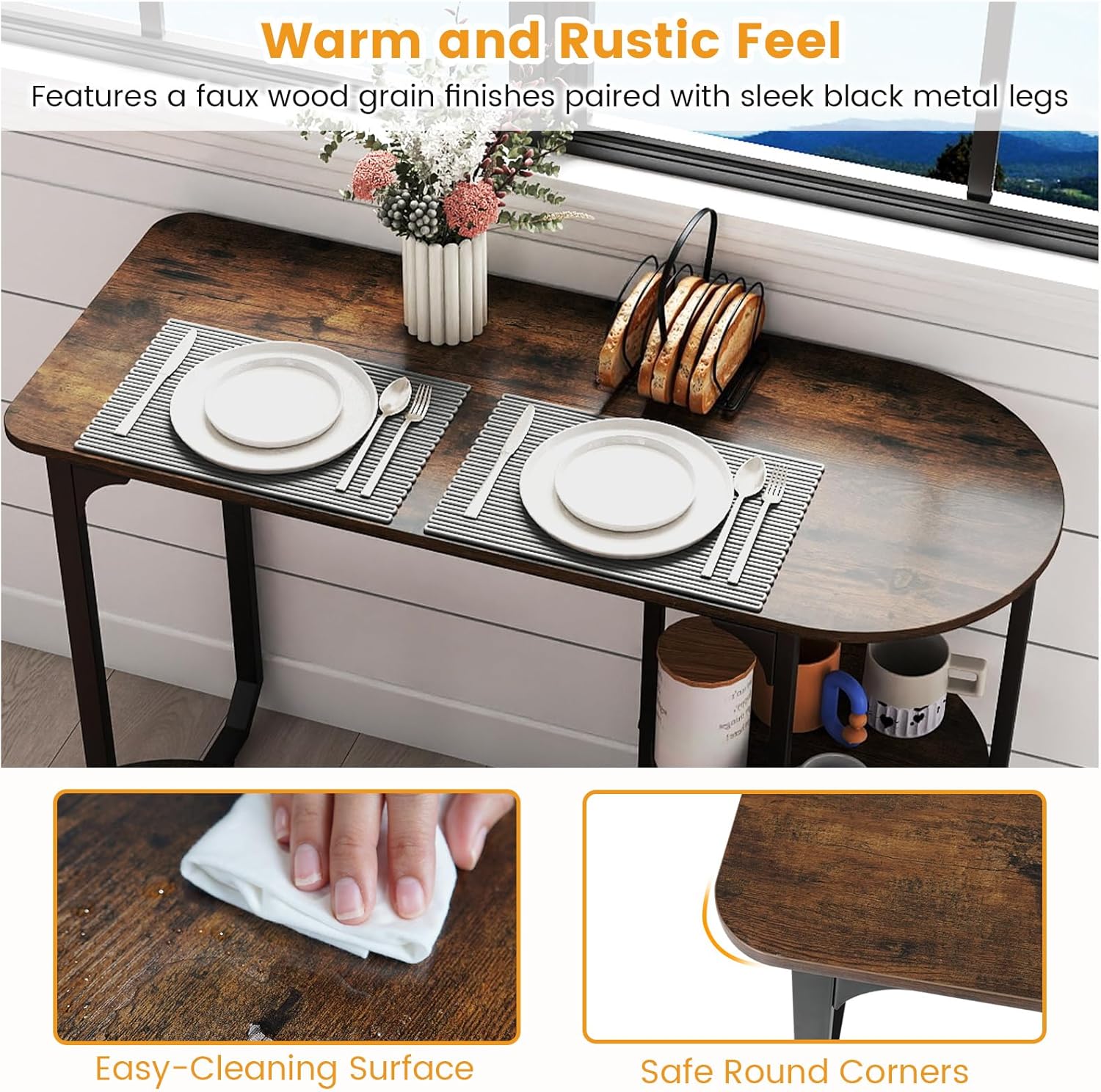GOFLAME 3-Piece Dining Table Set, Wooden Industrial Kitchen Table and 2 Stools with 2-Tier Storage Shelves and Metal Frame, Space Saving Dinette Set for Living Room, Breakfast Nook, Rustic Brown