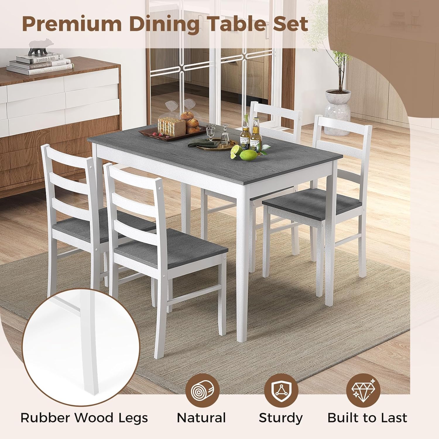 COSTWAY 5-Piece Dining Table Set for 4 w/Rubber Wood Structure, Grey | Spacious Tabletop, Anti-Slip Pads, Rubber Wood Legs, Space-Saving Design for Small Place, Apartment, Studio, Restaurant