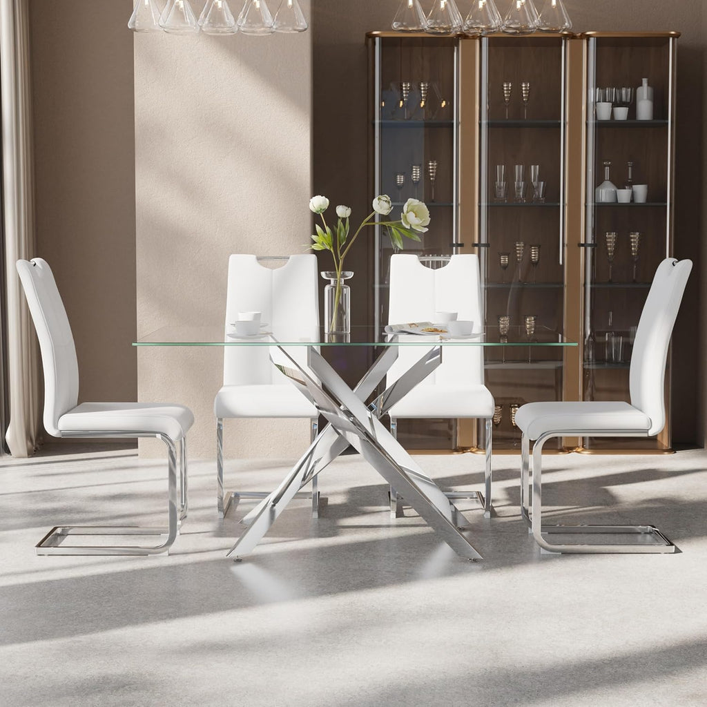 5-Piece Dining Table Set for 4, Modern Rectangular Glass Table with 4 Upholstered Leather Chairs, Space-Saving Dining Room Furniture Table & Chair Sets for Small Spaces&Apartment(White&Silver)