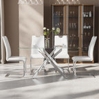 5-Piece Dining Table Set for 4, Modern Rectangular Glass Table with 4 Upholstered Leather Chairs, Space-Saving Dining Room Furniture Table & Chair Sets for Small Spaces&Apartment(White&Silver)