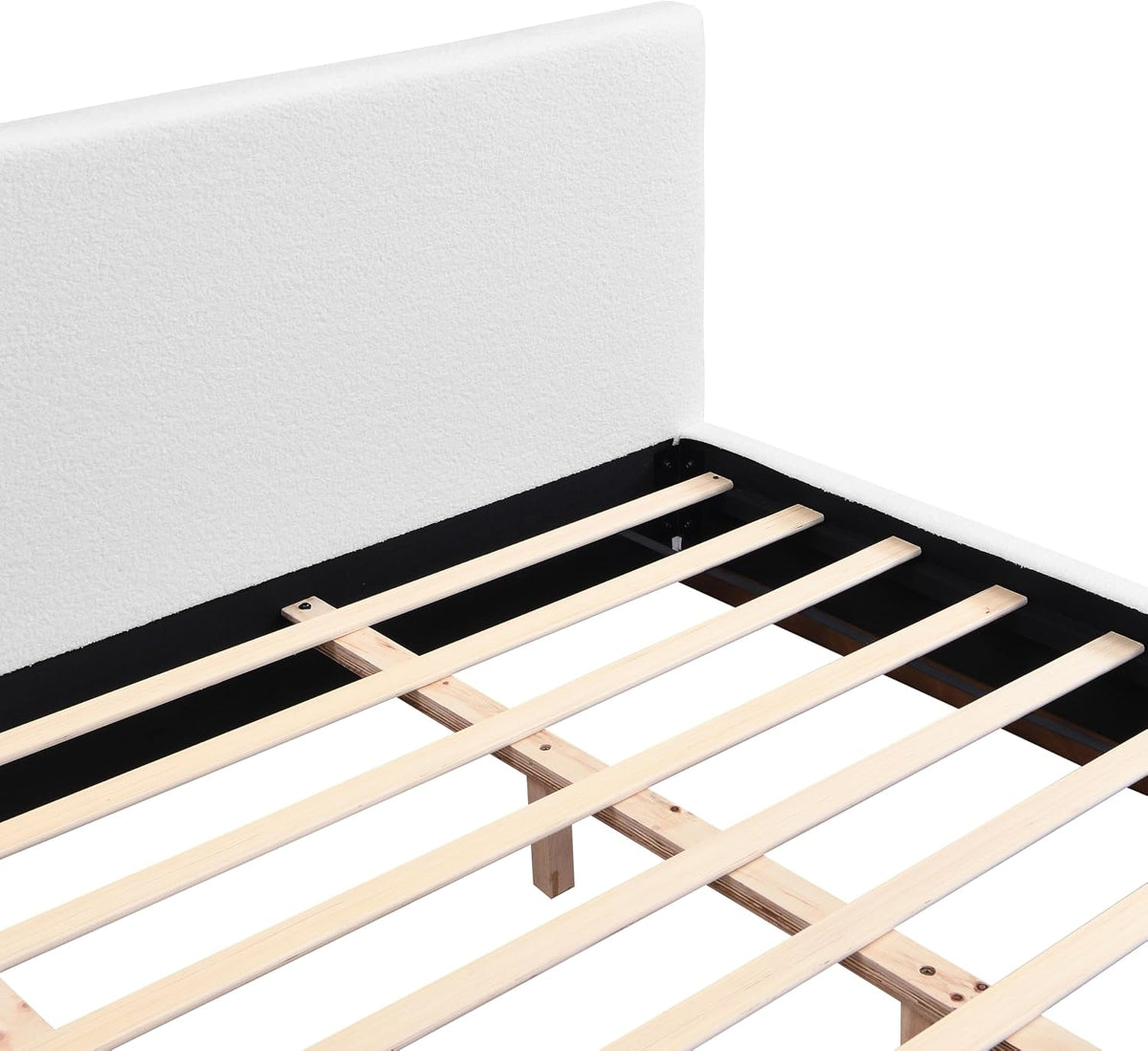 Christopher Knight Home Bettine Modern Boucle Queen Size Bed Frame with Headboard, Solid Wood Queen Bed Frame, Slat Panel Support Platform Bed, No Spring Box Needed, Heavy Duty, White+Brown