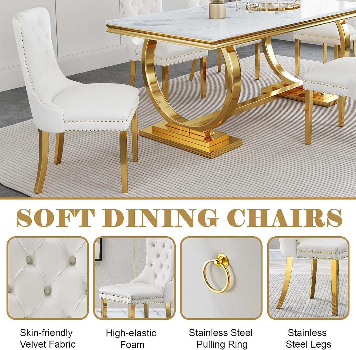 White Velvet Dining Chairs Set of 2, Mid Century Modern Kitchen & Dining Room Chairs, Fabric Tufted Dinning Chairs, Velvet Upholstered, Wing Back, Pull Ring, Stainless Steel Legs, Gold