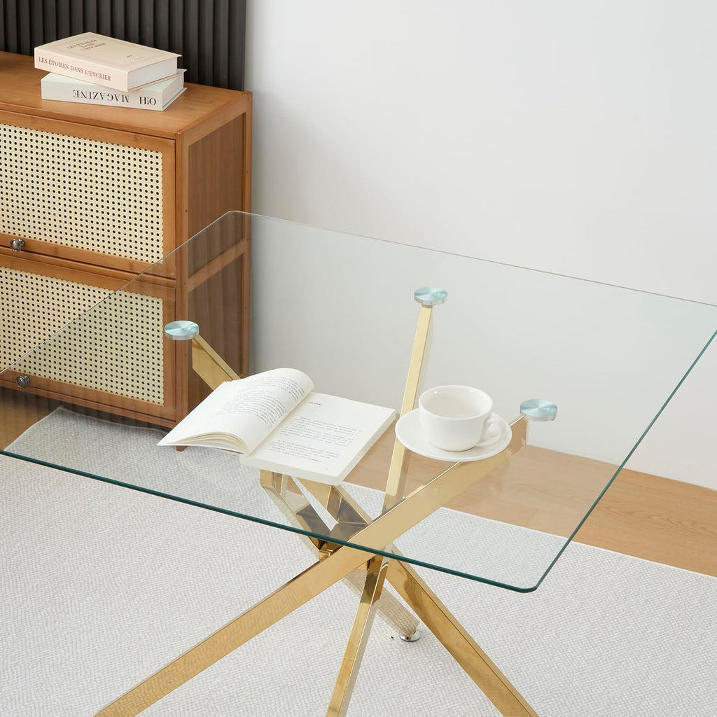 Square Dining Table for 4, 36 Inch Glass Kitchen Table with Gold X Metal Legs, Modern Tempered Glass Dinner Room Table for Small Space Dining Room Kitchen Restaurant