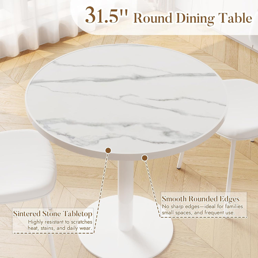31.5'' Tulip Table, Round Pedestal Dining Table with Sintered Stone Tabletop, White Aluminum Alloy Edge & Base, Bistro Table for 2-4 Person for Kitchen/Cafe/Small Spaces/Restaurant (Snow Peak Marble)