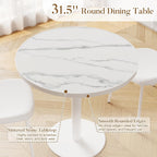 31.5'' Tulip Table, Round Pedestal Dining Table with Sintered Stone Tabletop, White Aluminum Alloy Edge & Base, Bistro Table for 2-4 Person for Kitchen/Cafe/Small Spaces/Restaurant (Snow Peak Marble)
