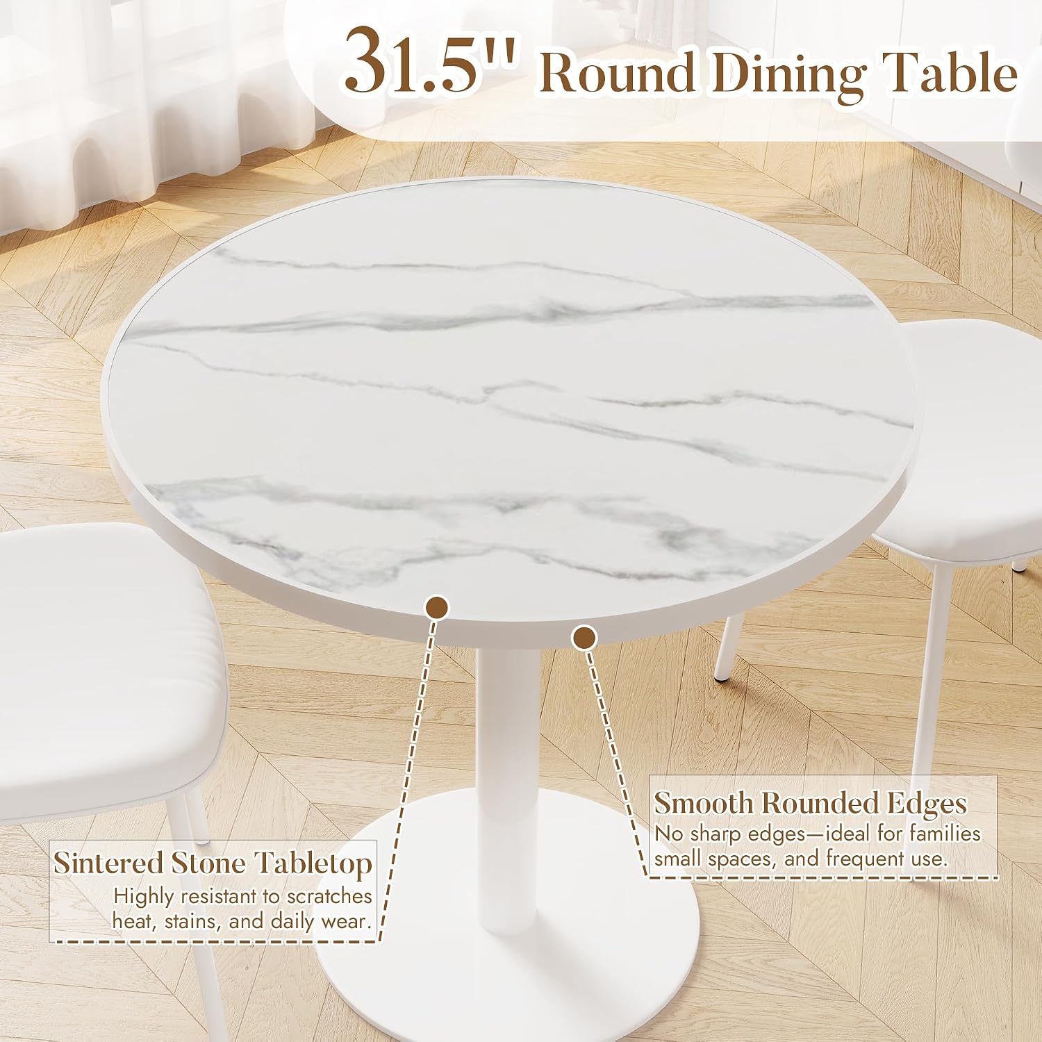 31.5'' Tulip Table, Round Pedestal Dining Table with Sintered Stone Tabletop, White Aluminum Alloy Edge & Base, Bistro Table for 2-4 Person for Kitchen/Cafe/Small Spaces/Restaurant (Snow Peak Marble)